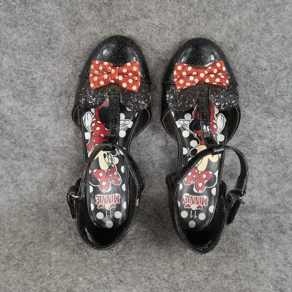 Disney Shoes Kids Toddler 11 Minnie Mouse Heel Pump Black Glitter Red Polka Dot